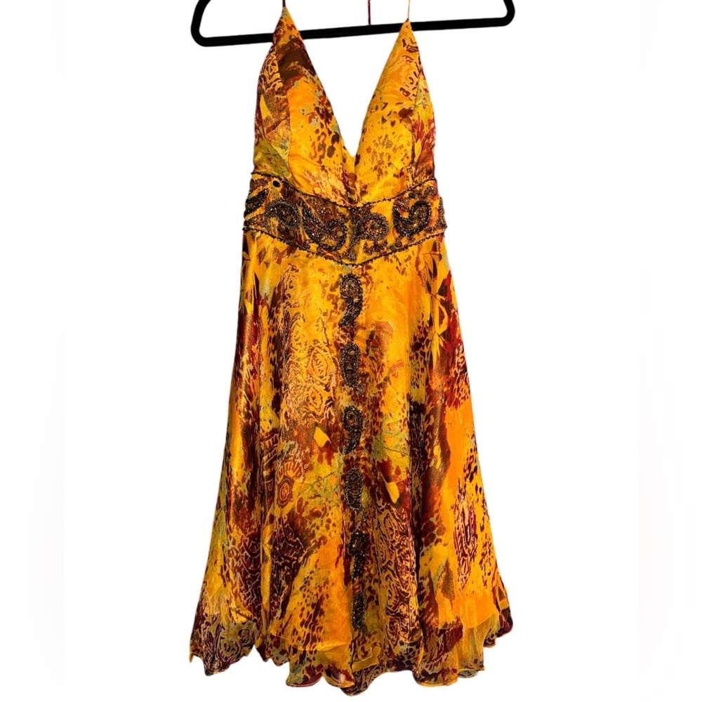 NWT 100% SILK FLOUNCE HEM TIE NECK EMBELLISHED DRESS